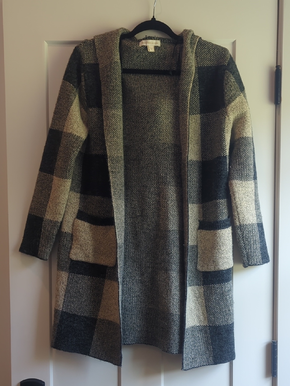 Hooded Plaid Cardigan Sweater in Black and Cream